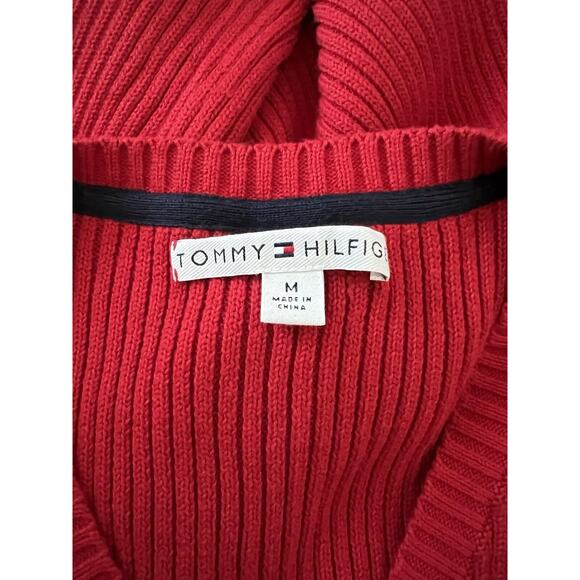 Vintage Y2K Tommy Hilfiger Red Ribbed V-Neck Cable Knit Sweater Women's M - Picture 7 of 8